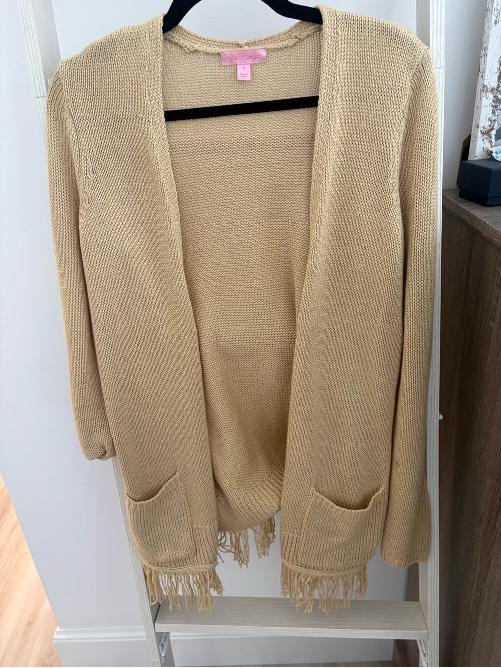 Lilly Pulitzer Cream Open-Front Fringe Knit Cardigan